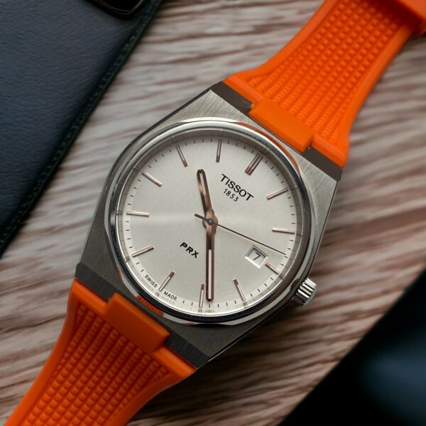 FKM Tissot PRX Rubber Watch Band in Orange from Watch Straps Canada mounted on a Tissot PRX